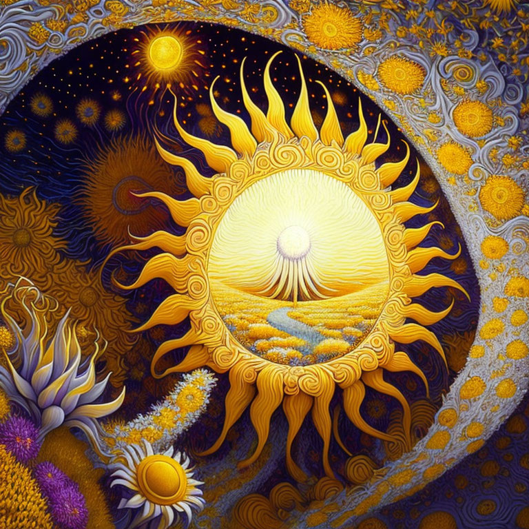 Colorful sun with human face in cosmic scene with floral motifs