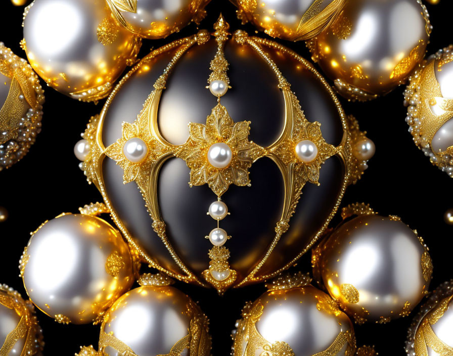 Golden Ornaments with Pearls on Reflective Black Surface