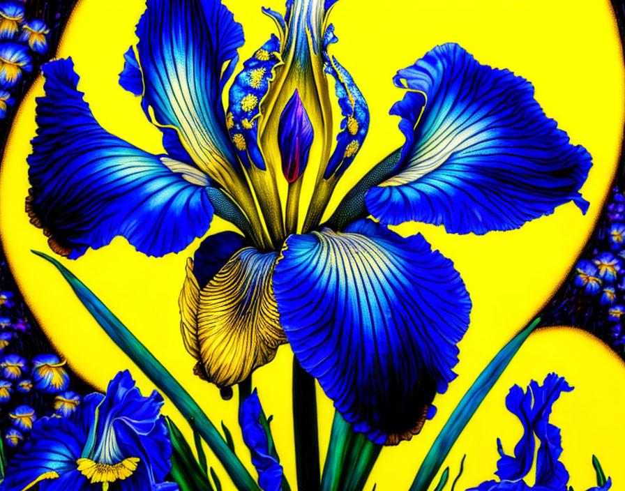 Detailed Blue and Gold Iris Flower Art on Yellow Background