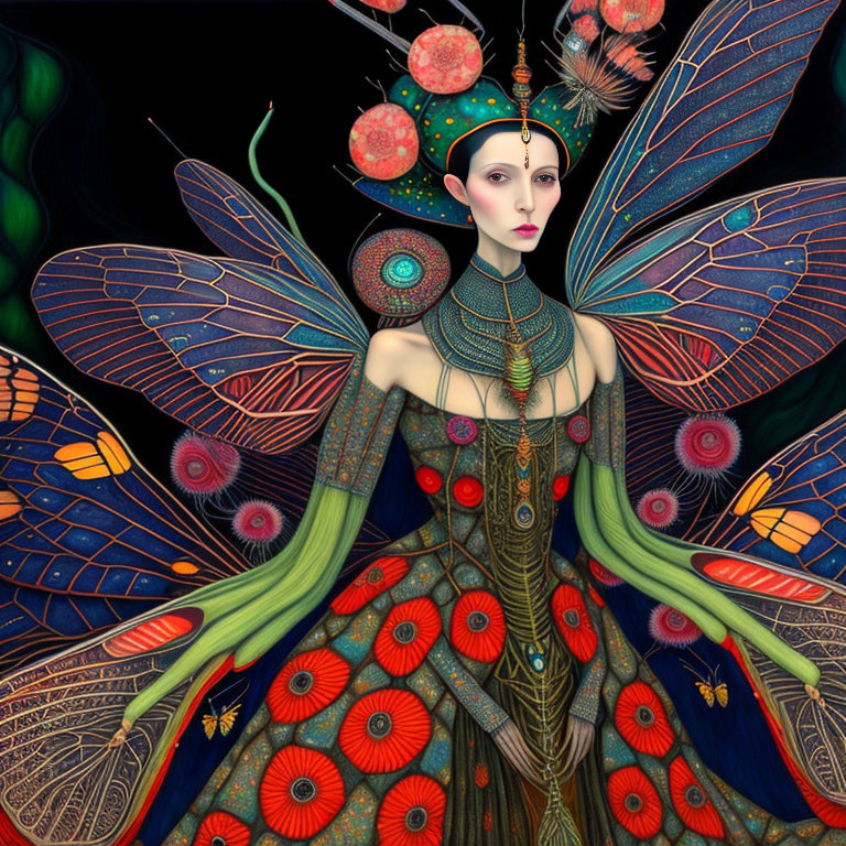 Surreal portrait: figure with butterfly wings, intricate patterns, serene expression, dark backdrop, celestial