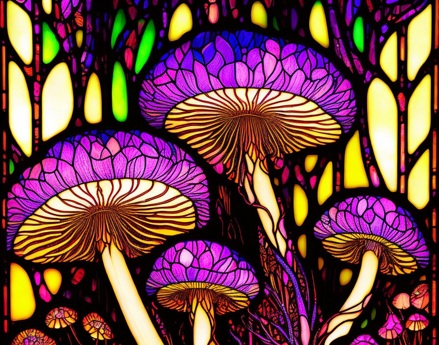 Colorful Stained Glass-Style Illustration of Purple Mushrooms