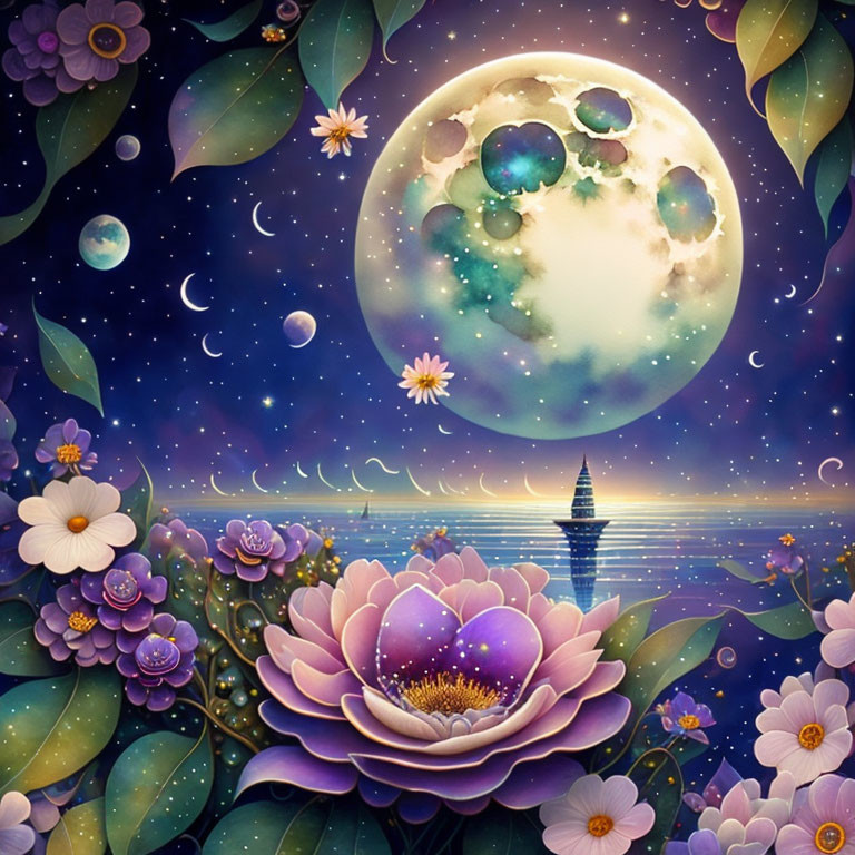 Detailed digital artwork of fantasy night sky with moon, planets, flowers, and tranquil sea