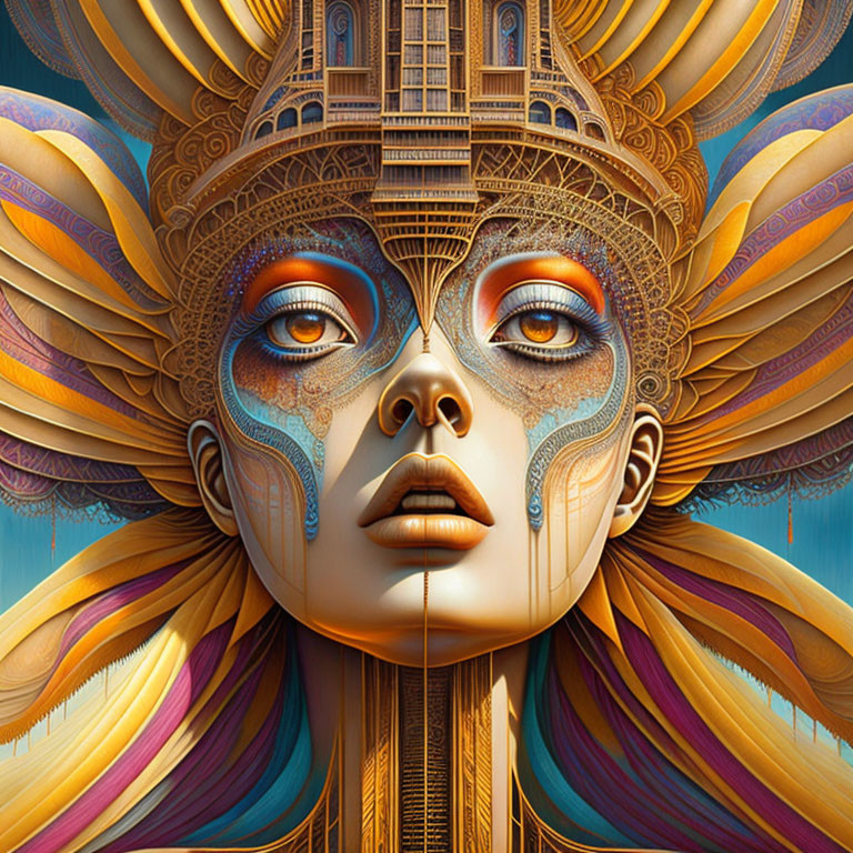 Futuristic Egyptian-inspired female figure in vibrant gold and blue hues