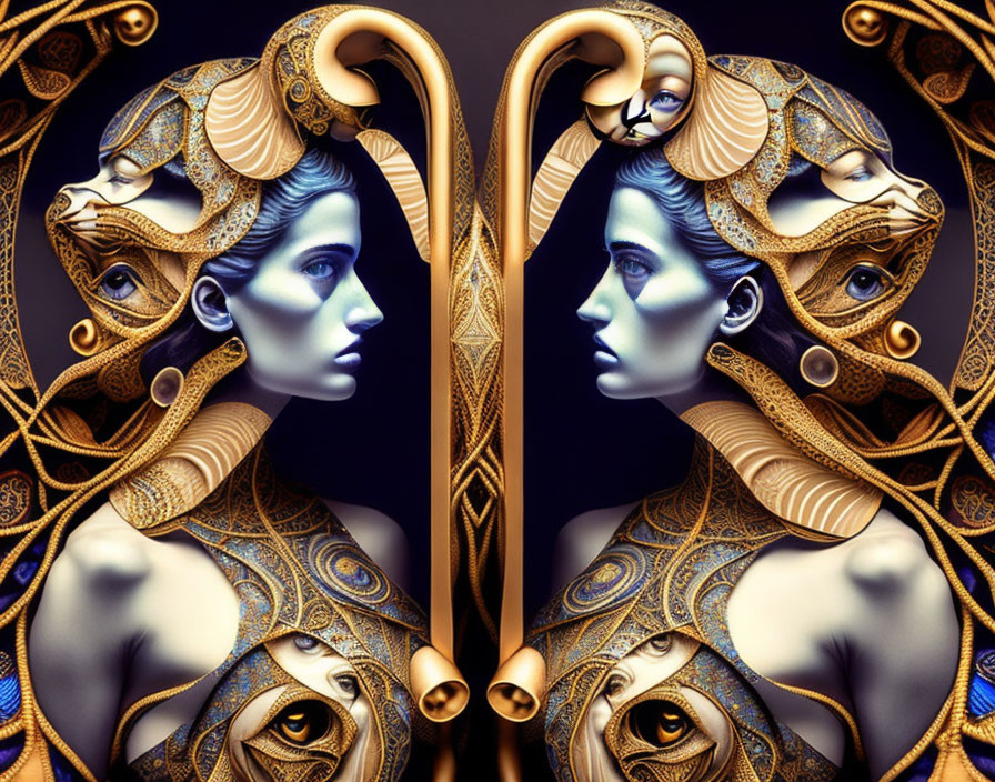 Symmetrical digital art: Mirrored ornate female figures with gold and blue designs