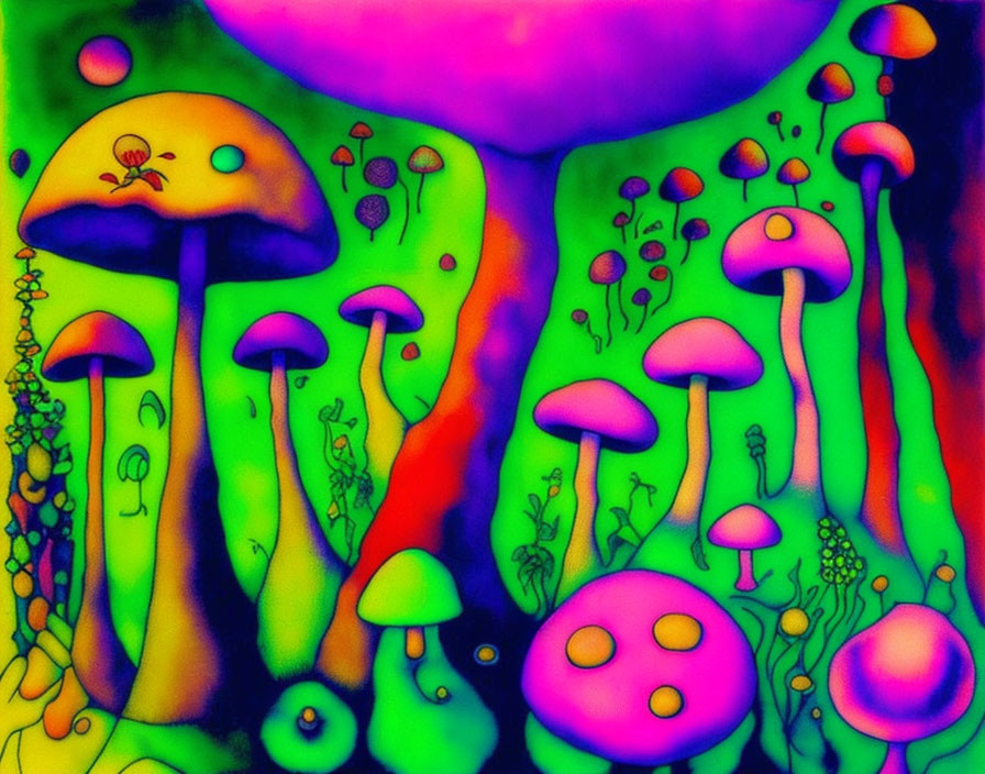 Colorful Psychedelic Art Featuring Mushrooms and Plant-like Forms