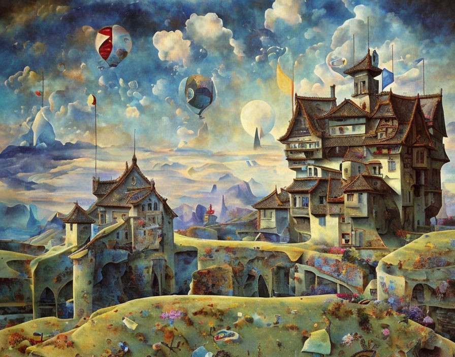 Fantasy landscape with castle, hot air balloons, and floating islands