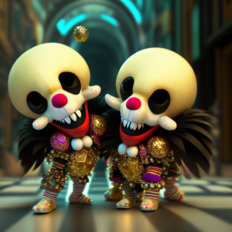 Stylized cartoonish clown skeletons in gold attire and red noses in illuminated hallway