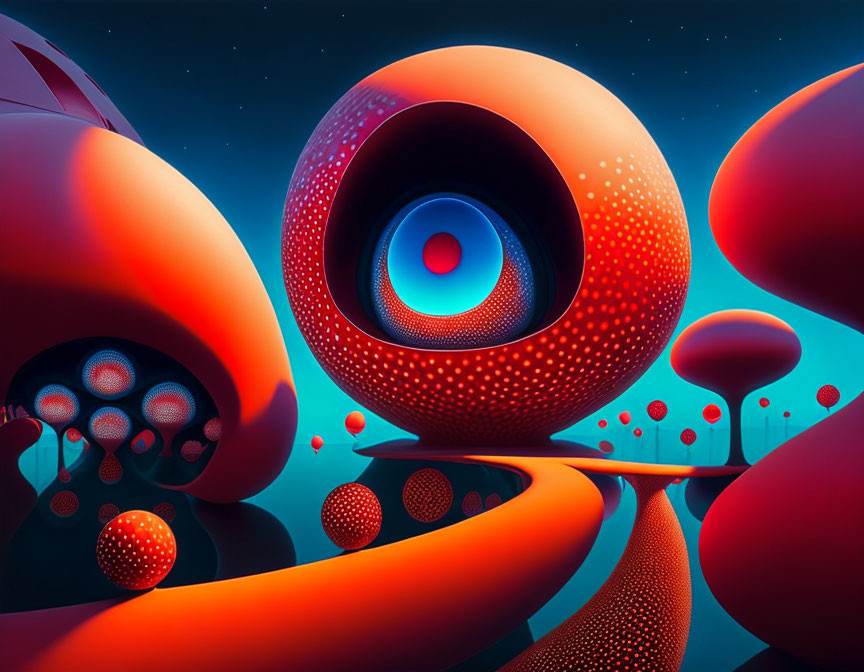 Vibrant digital art: surreal organic shapes in reds and blues with central eye structure