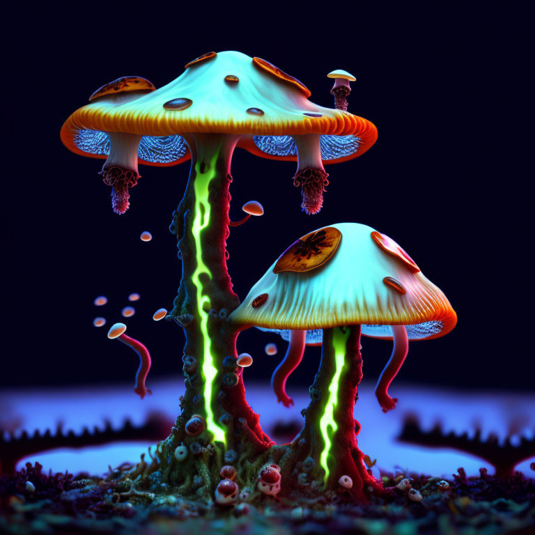 Detailed bioluminescent mushroom digital art on dark background