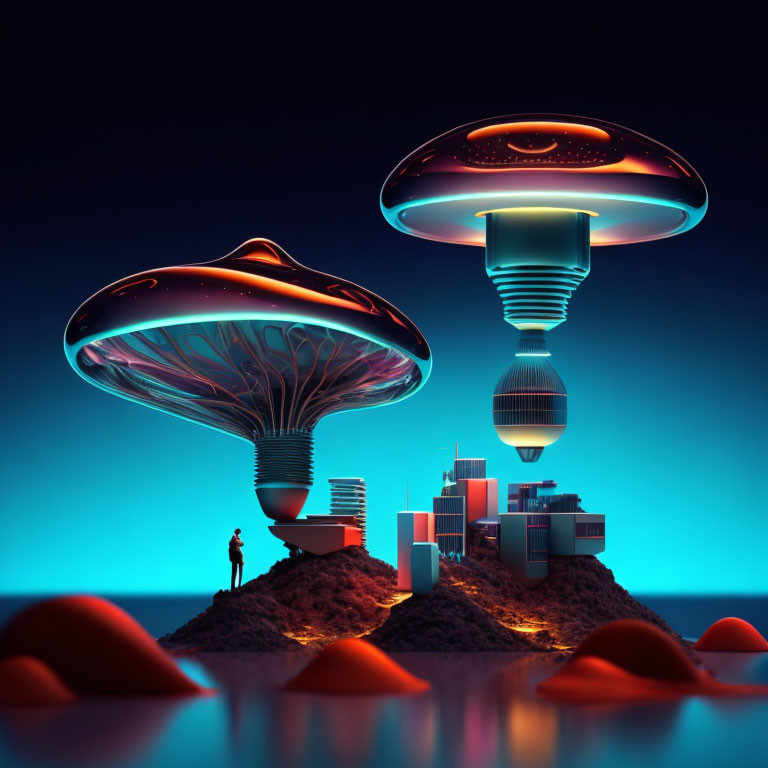 Person on sand dune views futuristic city with illuminated mushroom buildings