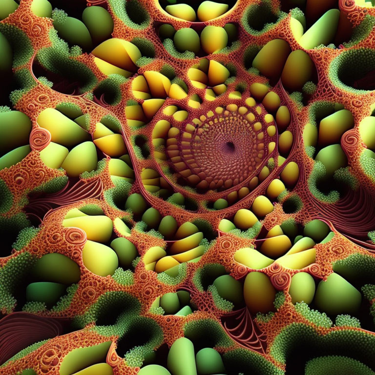 Intricate green, brown, and yellow fractal spiral pattern.