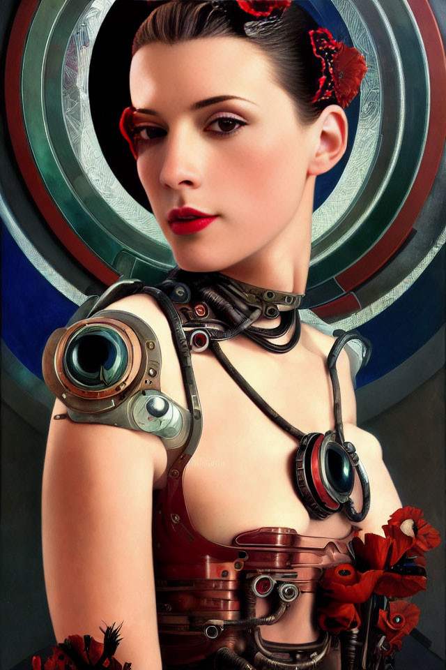 Cyborg Woman Portrait with Mechanical Enhancements and Red Flowers