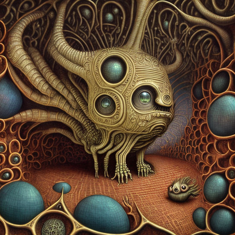 Detailed Surreal Alien Creature with Multiple Eyes and Tendrils in Organic Environment