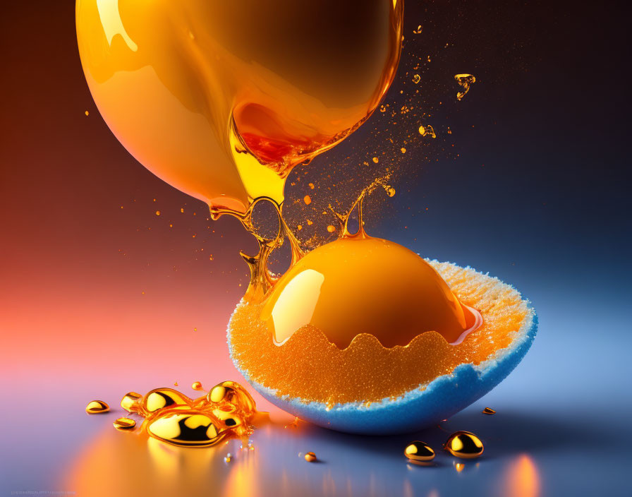 Abstract digital artwork featuring golden liquid, floating yolk, and crystal structures on warm backdrop