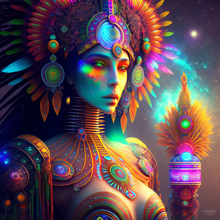 Colorful digital artwork: Woman with vibrant headdress and tribal makeup on cosmic backdrop