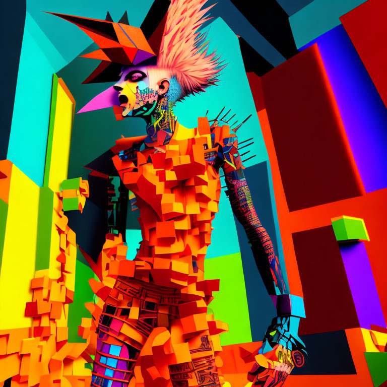 Colorful Abstract Digital Artwork with Mohawked Figure