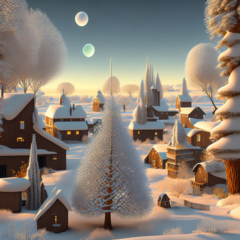 Snowy Village with Cozy Houses and Frost-Covered Trees at Twilight