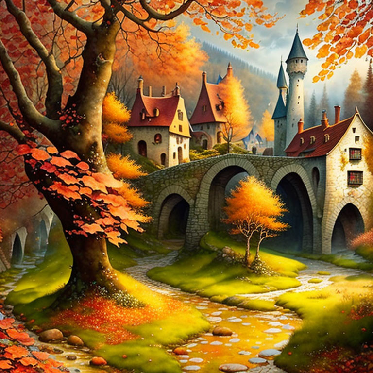 Medieval fantasy landscape with castle, stone bridge, autumn foliage, and winding path