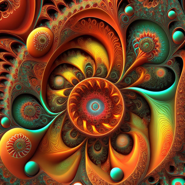 Colorful Fractal Art: Orange, Yellow, and Green Swirls