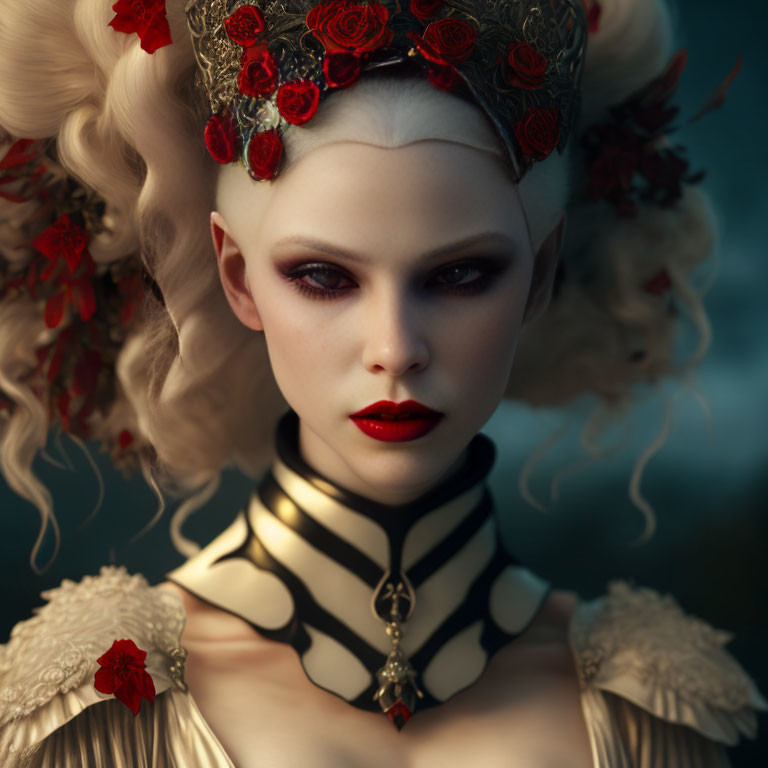 Regal woman with red eyes, crown of roses, and golden attire.