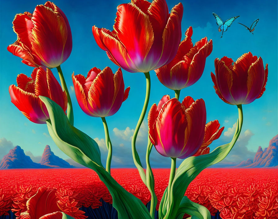 Vibrant red tulips, butterflies, flowers, and distant mountains in a scenic landscape.