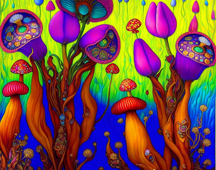 Colorful Psychedelic Forest Illustration with Oversized Mushrooms and Intricate Flora