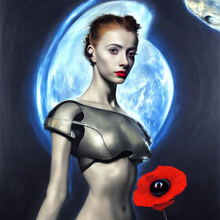 Surreal portrait of woman with sci-fi attire and cosmic backdrop