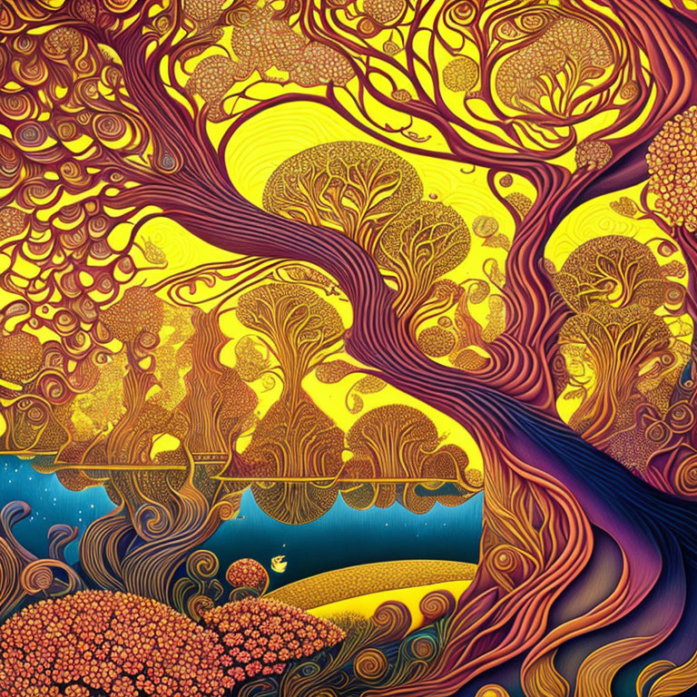 Colorful Psychedelic Artwork: Intertwining Trees and Rivers in Yellow, Orange,