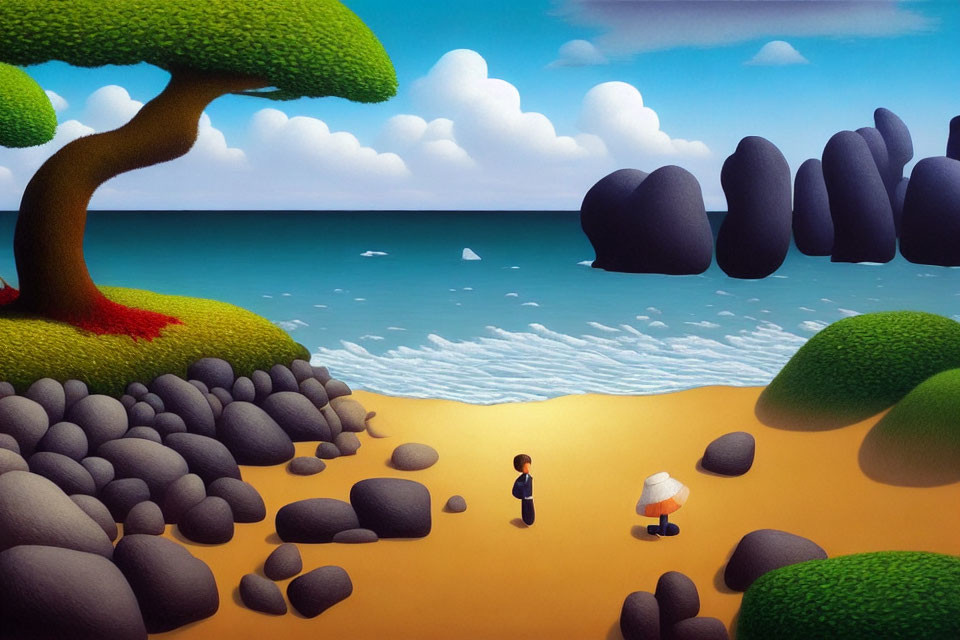 Stylized painting of two individuals on serene beach