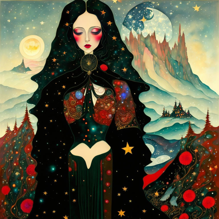 Stylized painting of female figure with celestial motifs and landscapes