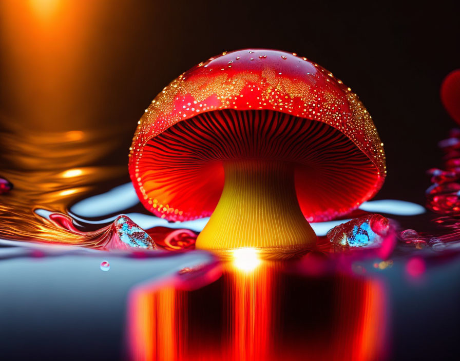 Vibrant red mushroom with water droplets in surreal setting