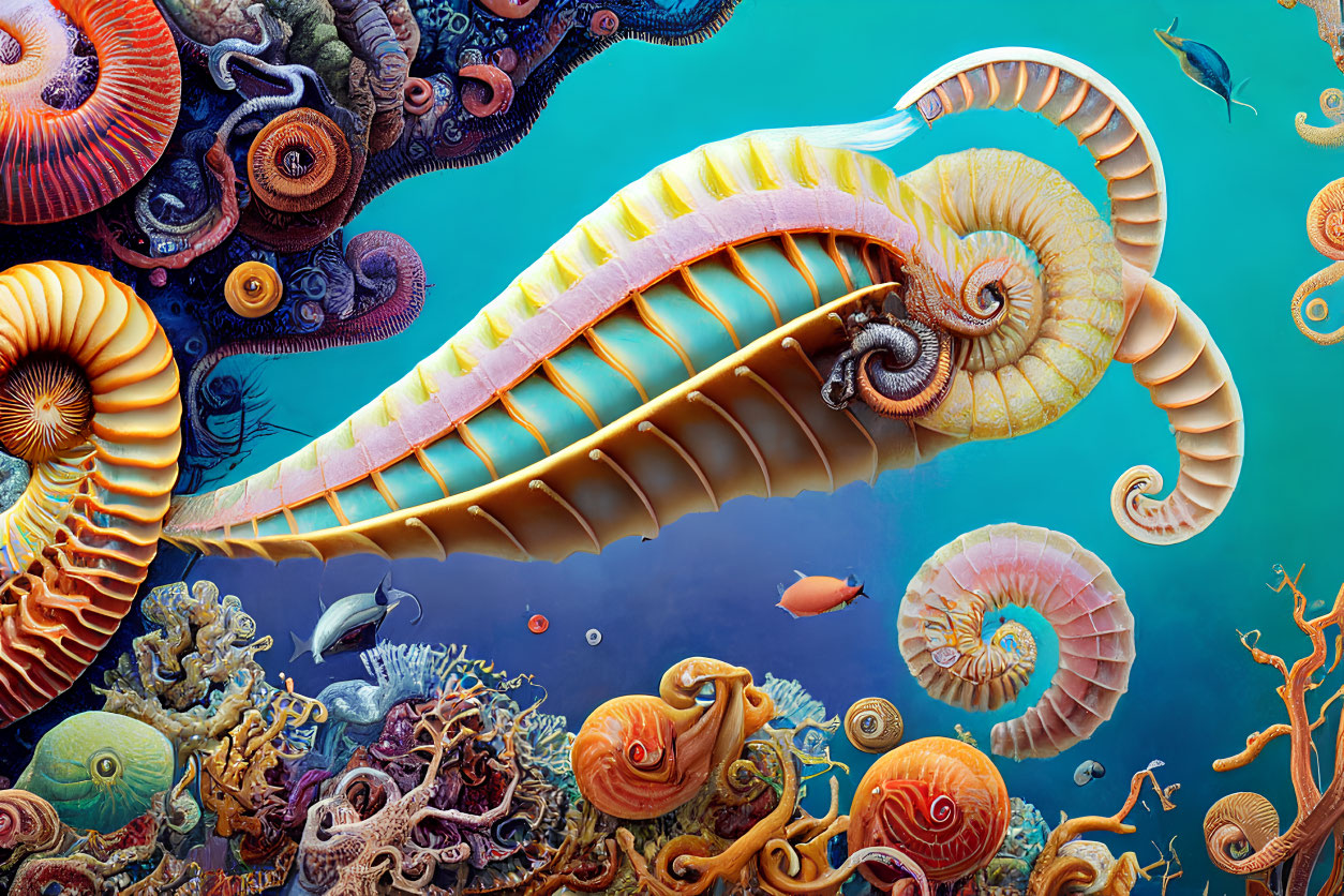 Vibrant nautilus shells, diverse coral, and fish in underwater scene