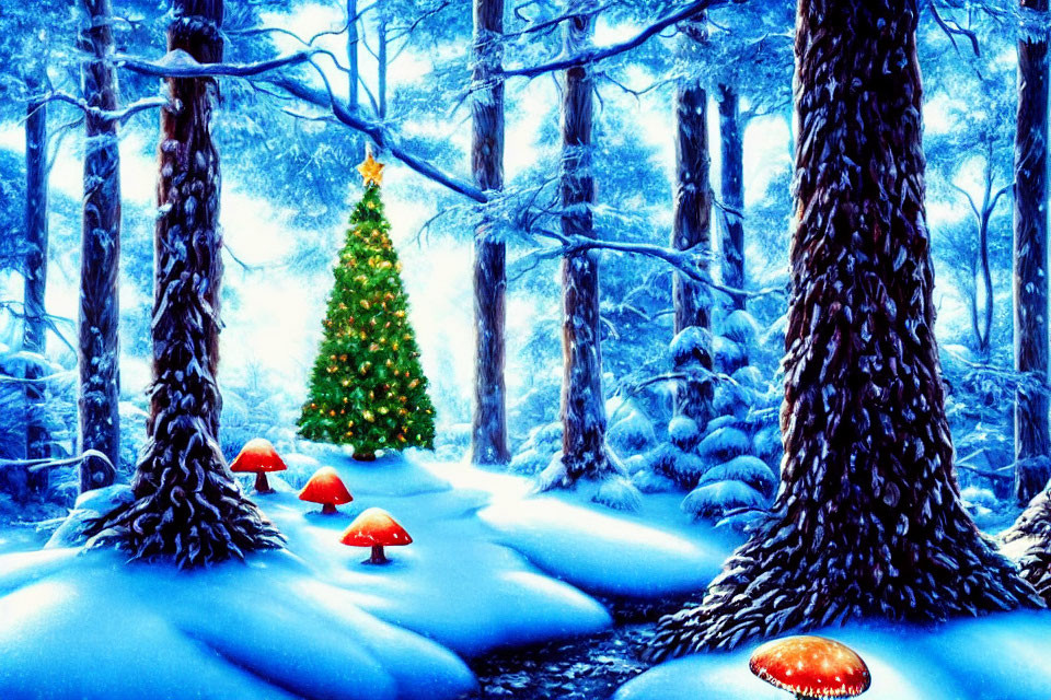 Enchanted winter forest with Christmas tree and magical snowy scene