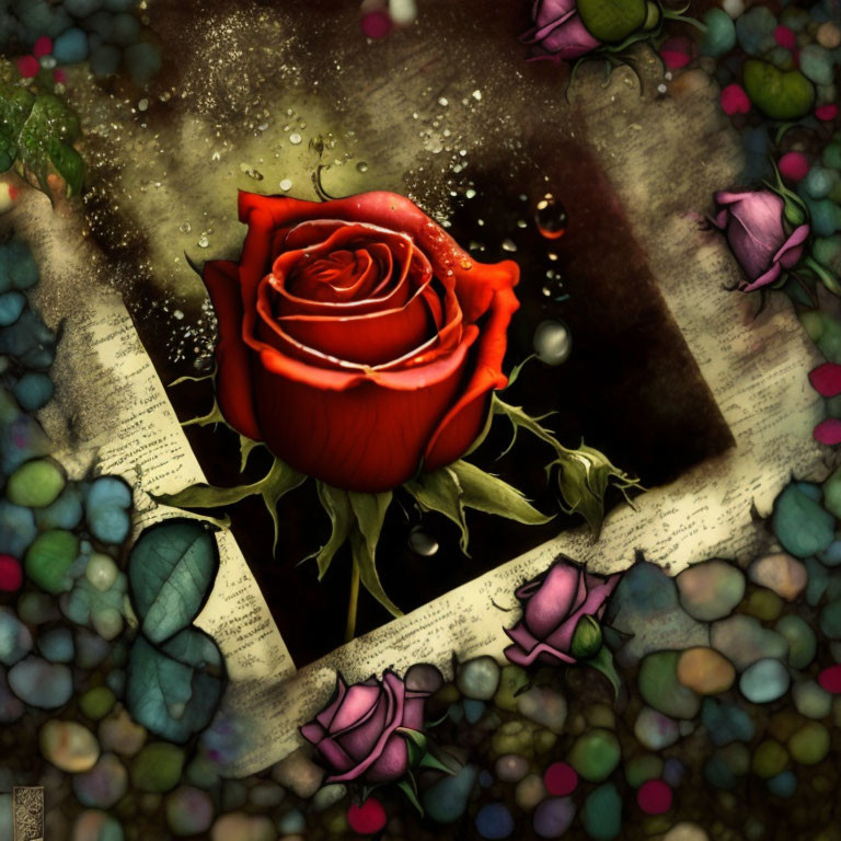 Red rose with green leaves and scattered petals on text backdrop