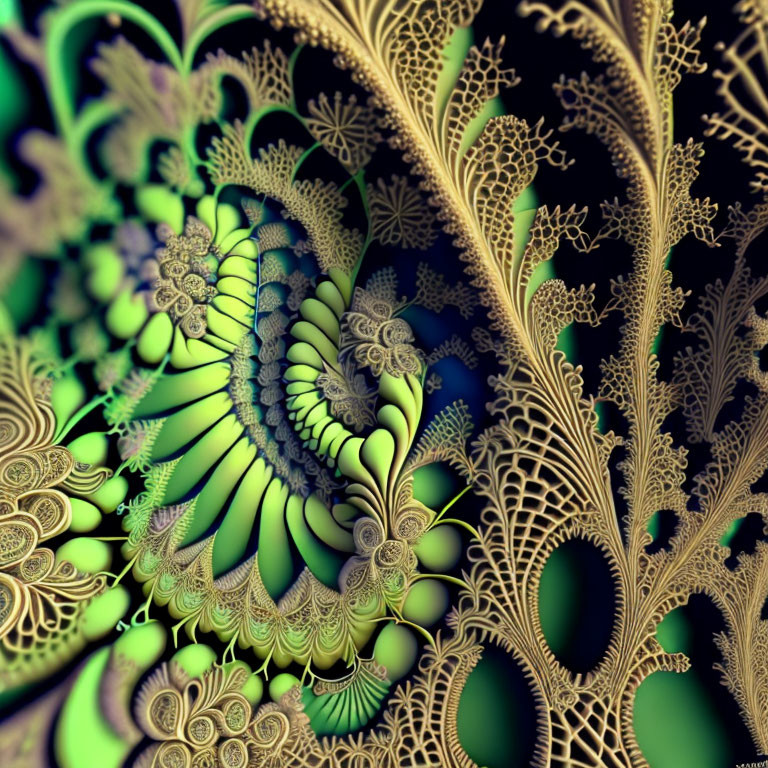 Intricate Green and Gold Fractal Patterns