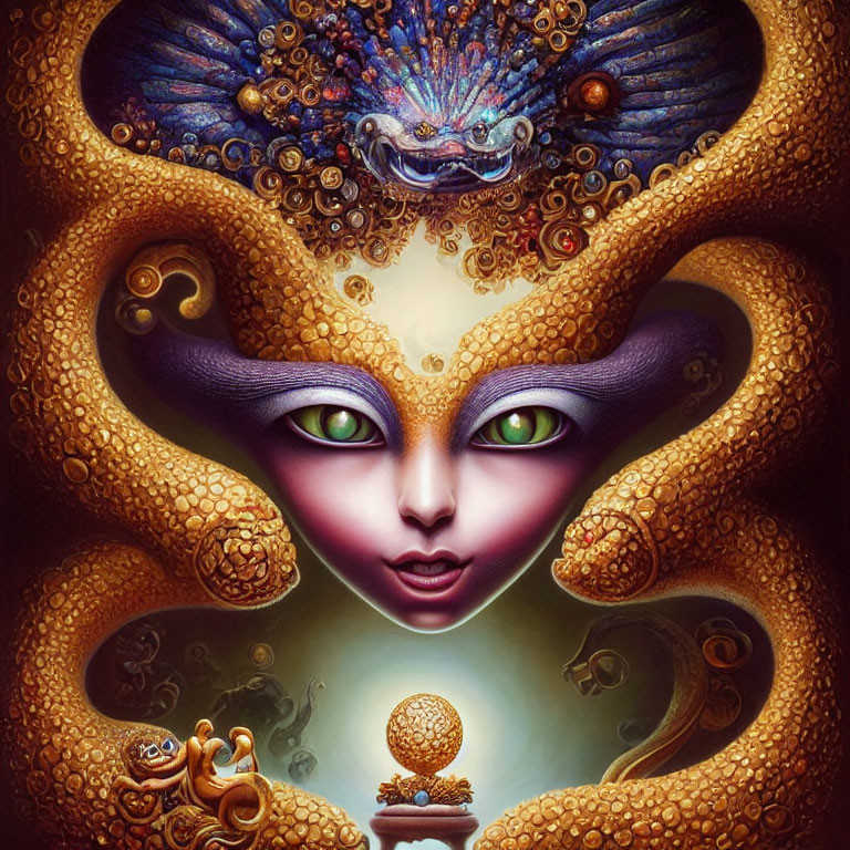 Colorful surreal artwork: otherworldly being with green eyes, golden tendrils, and peacock