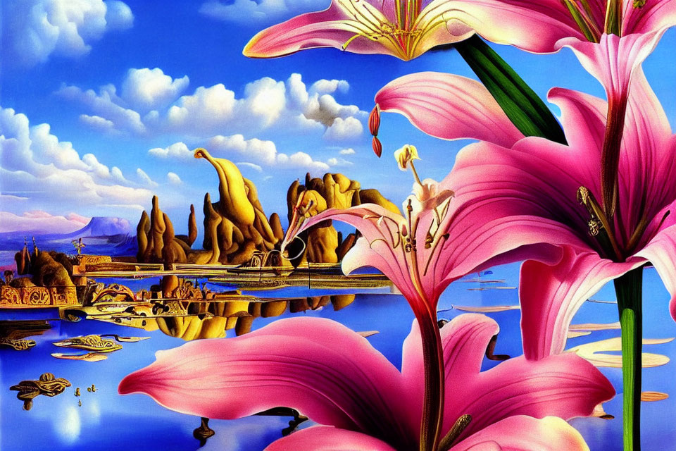 Surrealist landscape with pink lilies, fantastical rock formations, and reflective blue water.