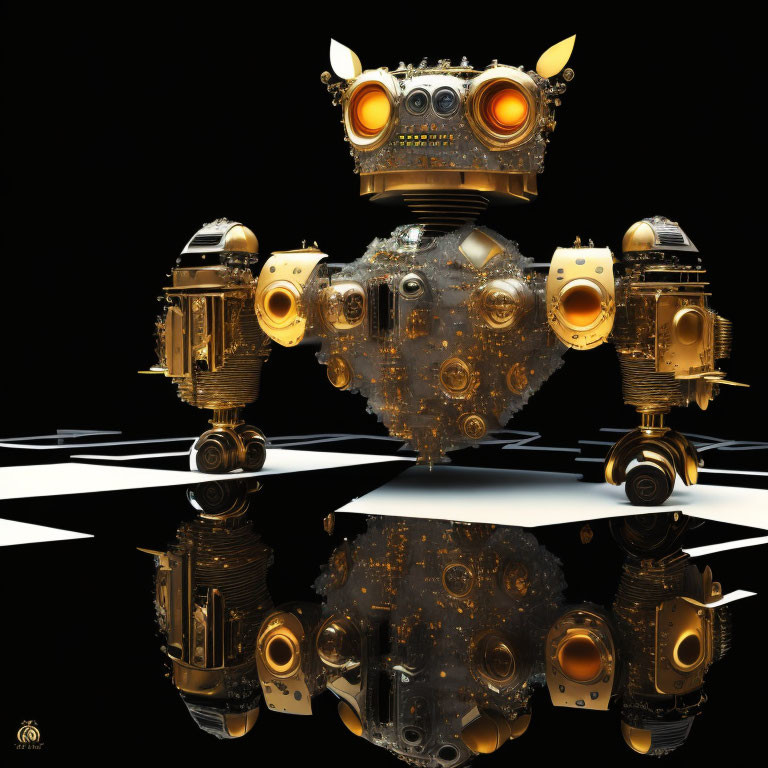 Steampunk-inspired robot with spherical sections and gears on dark reflective background