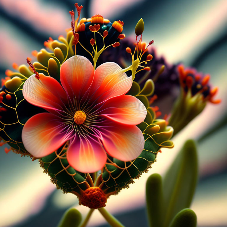 Close-up vibrant flower with red and orange gradient and delicate stamens