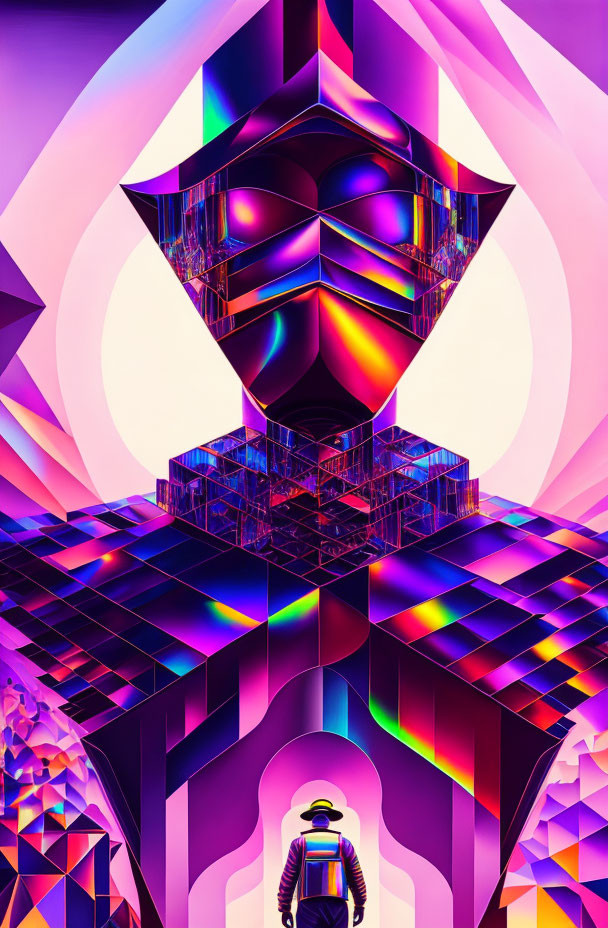 Colorful surreal illustration: figure in hat meets geometric structure