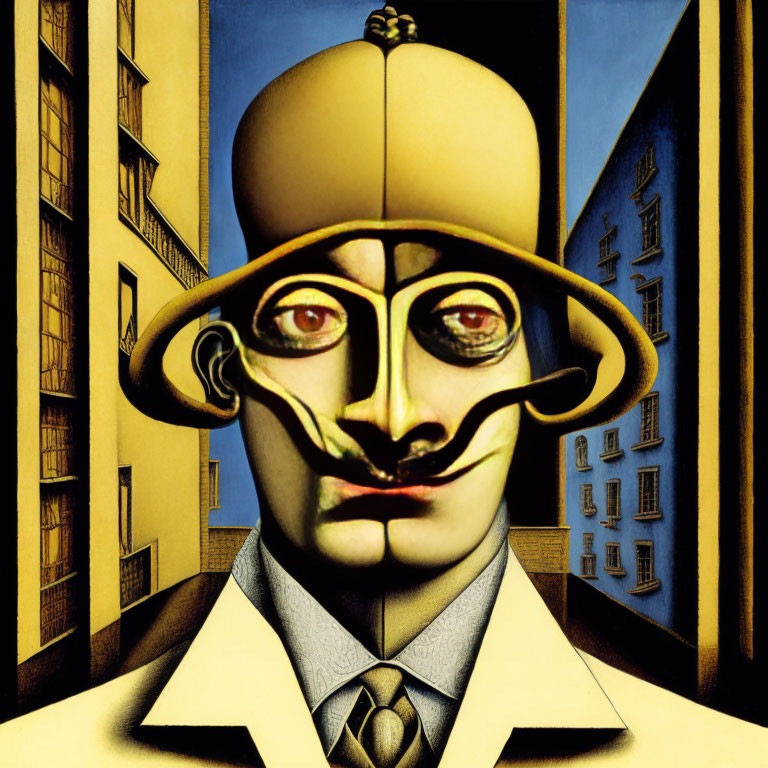 Surrealist painting featuring man with illusion face against urban backdrop