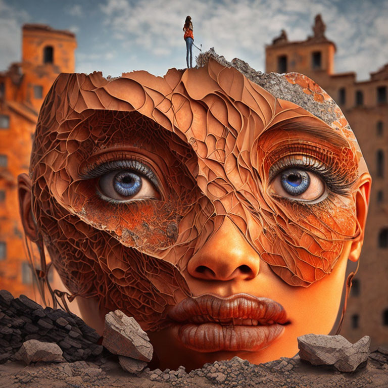 Surreal desert landscape with face, cracked texture, blue eyes, and small figure