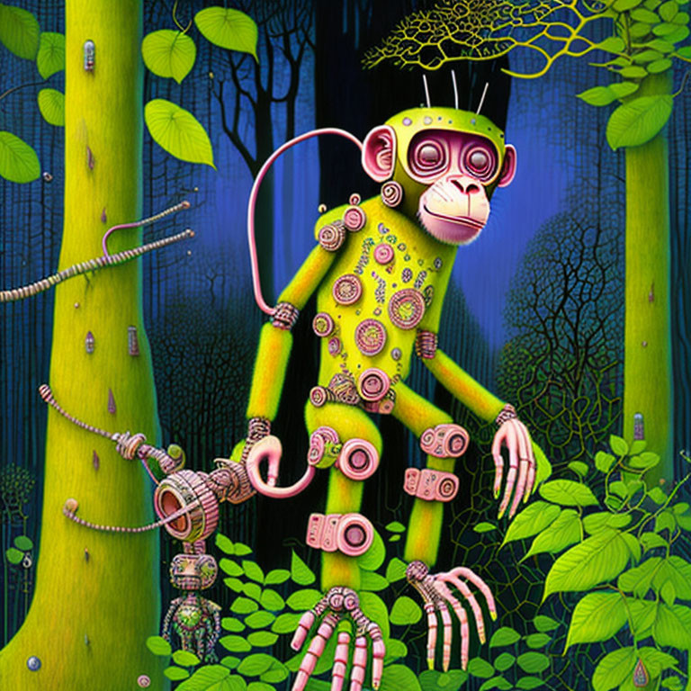 Colorful Robotic Monkey Walking in Luminous Night Forest