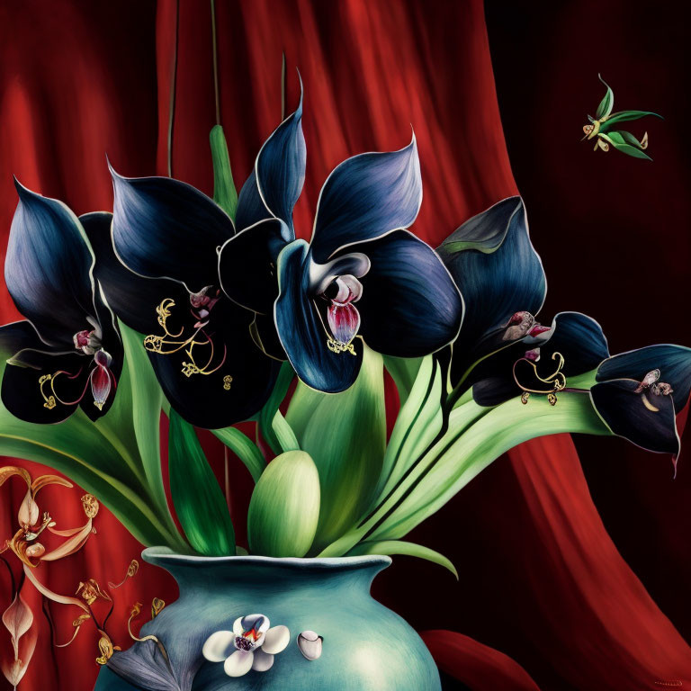 Dark Blue Orchids with Yellow Centers in Teal Vase on Red Background