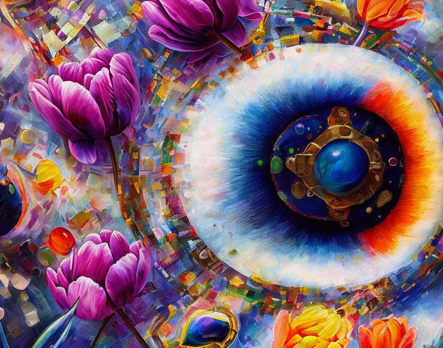 Colorful eye surrounded by flowers and mechanical elements in mosaic style