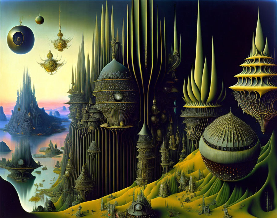 Surreal landscape with otherworldly structures and floating orbs in mystic colors