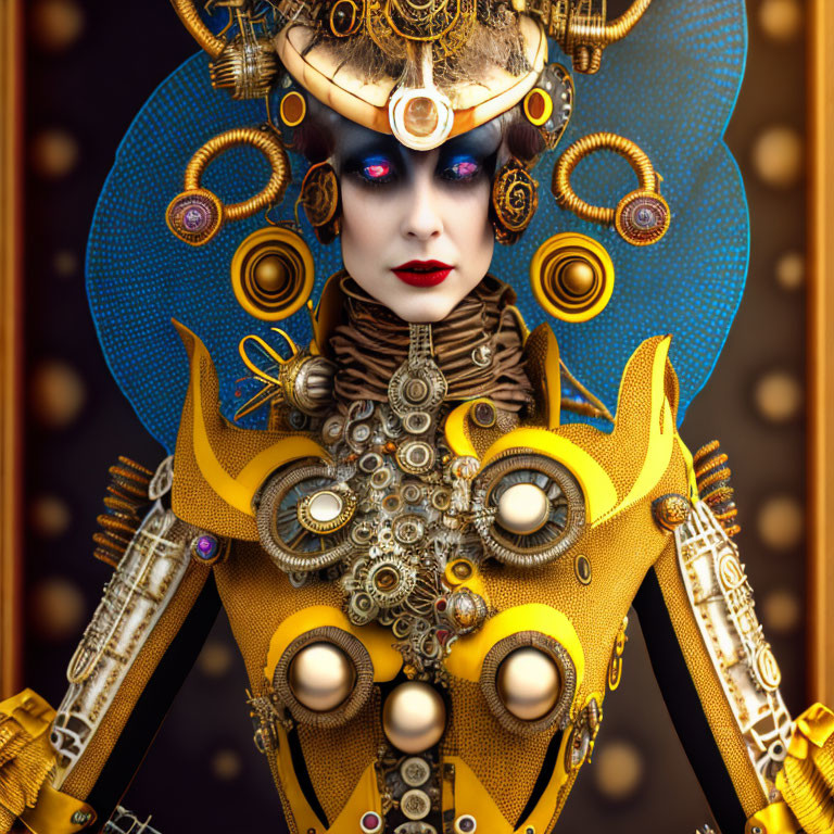 Steampunk-inspired figure with gears, golden attire, and ornate headpiece on dotted background