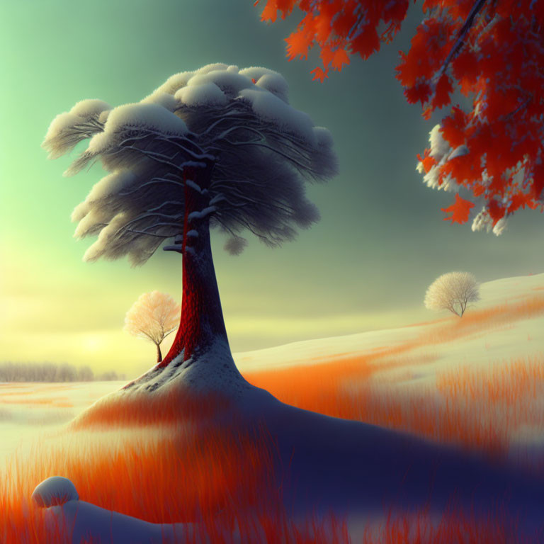 Surreal landscape with large tree, red foliage, snow, and transitioning field