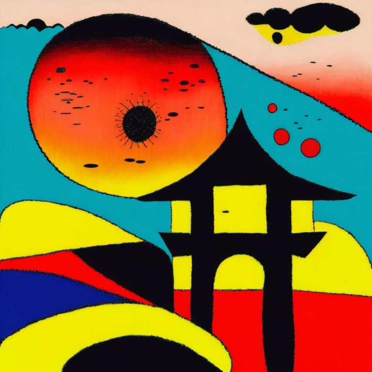 Vivid modernist artwork: Red sun, pagoda, hills & abstract elements