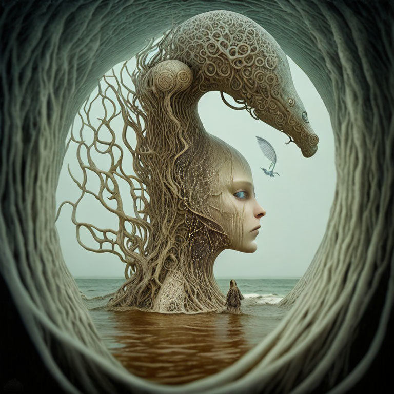 Surreal female figure with tree-like hair by the sea in circular frame